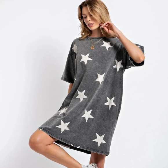 Easel Star Print Mineral Washed Ash T-shirt Dress New - Picture 4 of 4
